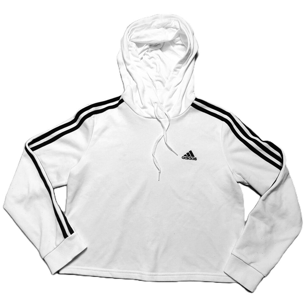 Adidas 3 Stripe Cropped Hoodie Womens Small White Athletic Pullover Sweatshirt